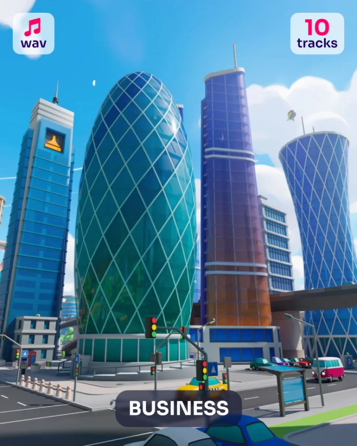 Cartoon cityscape with modern skyscrapers, including a distinctive glass egg-shaped building. Text: "BUSINESS