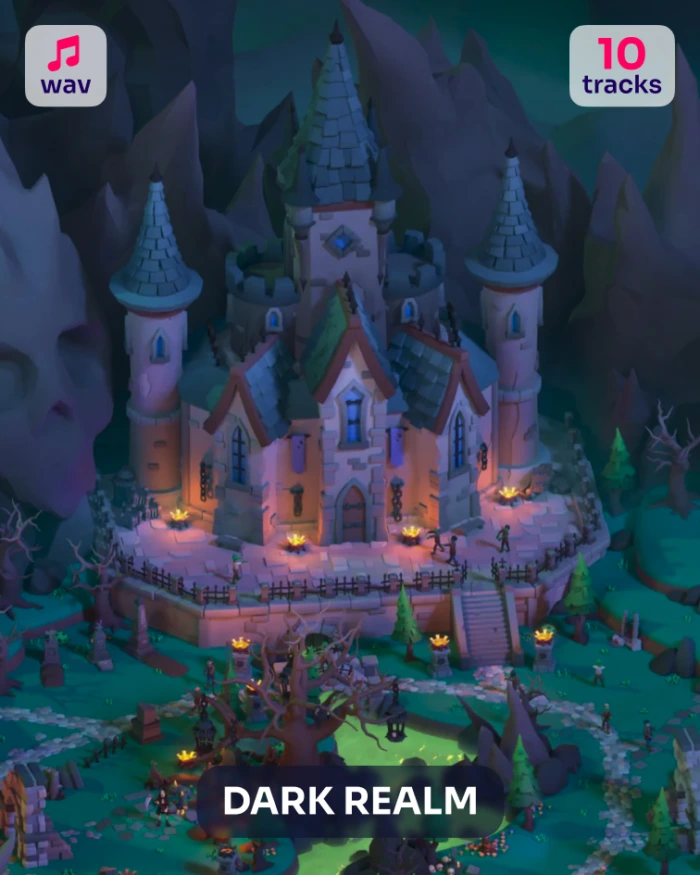 Cartoon dark realm castle with spooky trees and mountain backdrop.