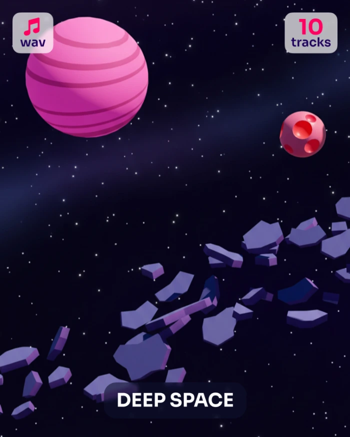 Deep space illustration with pink planets, asteroids, and stars. "Deep Space" text overlay.