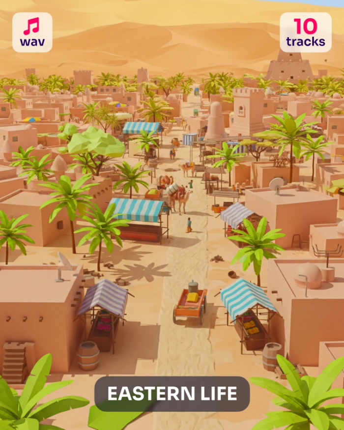 Eastern Life: Low-poly desert town with markets, palm trees, and sand dunes.
