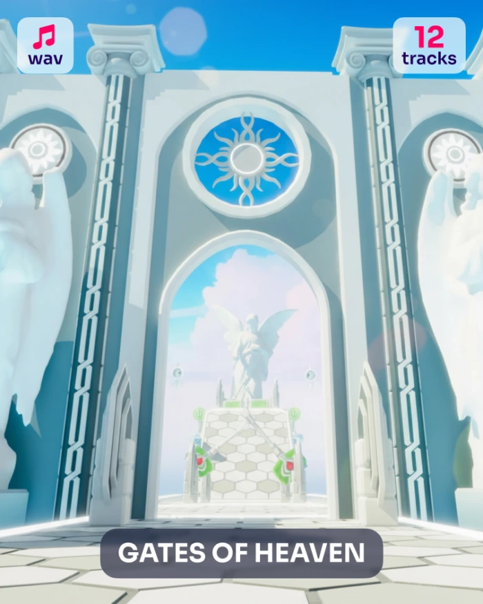Gates of Heaven app interface showing angelic statues and a sun symbol.