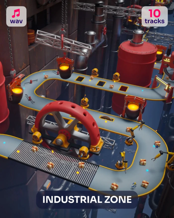 Industrial zone with conveyor belts, boxes, and machinery. "INDUSTRIAL ZONE" text overlay.