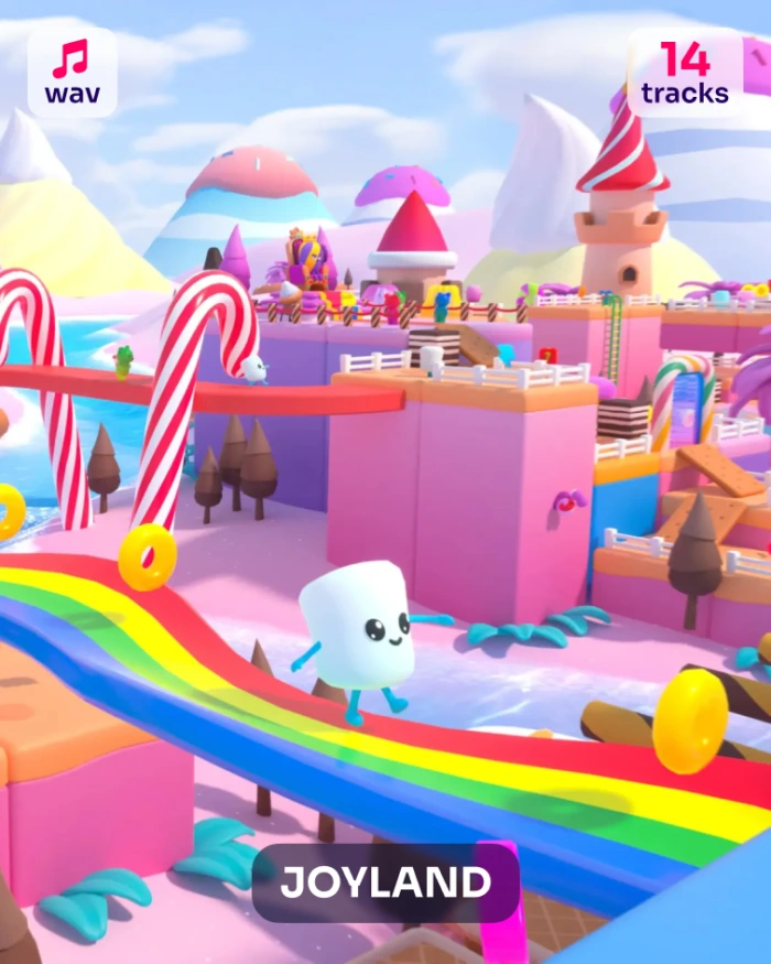 Joyland: Marshmallow character on a colorful rainbow slide in a candy-themed virtual world.