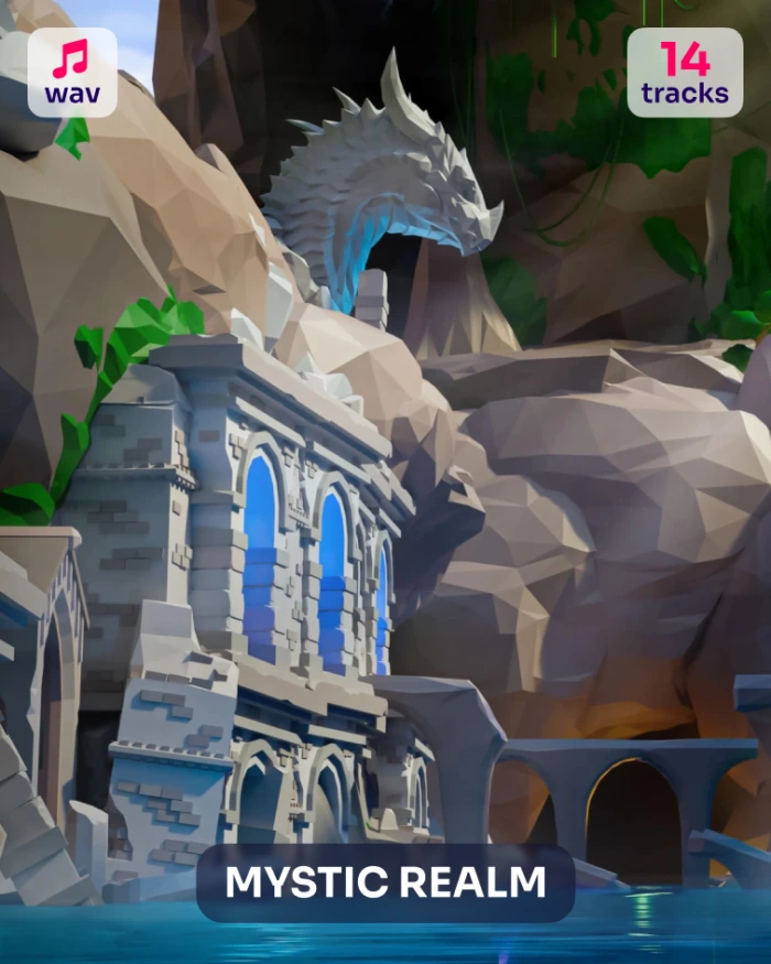 Mystic Realm: Low-poly dragon statue overlooks a stone temple with blue windows above calm water. 14 tracks.