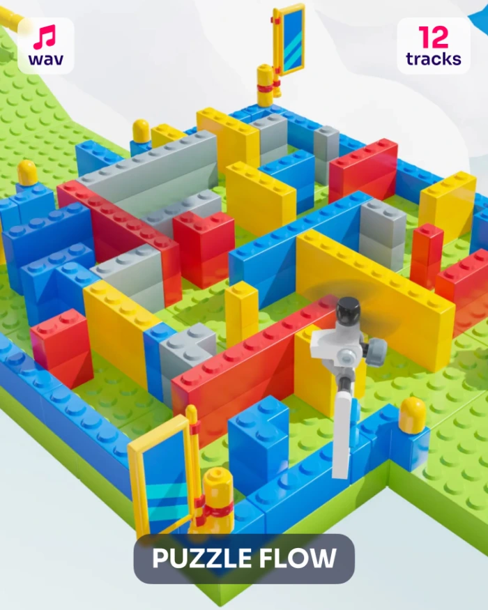 Colorful LEGO maze with a white ball rolling through it. "Puzzle Flow" text overlay.