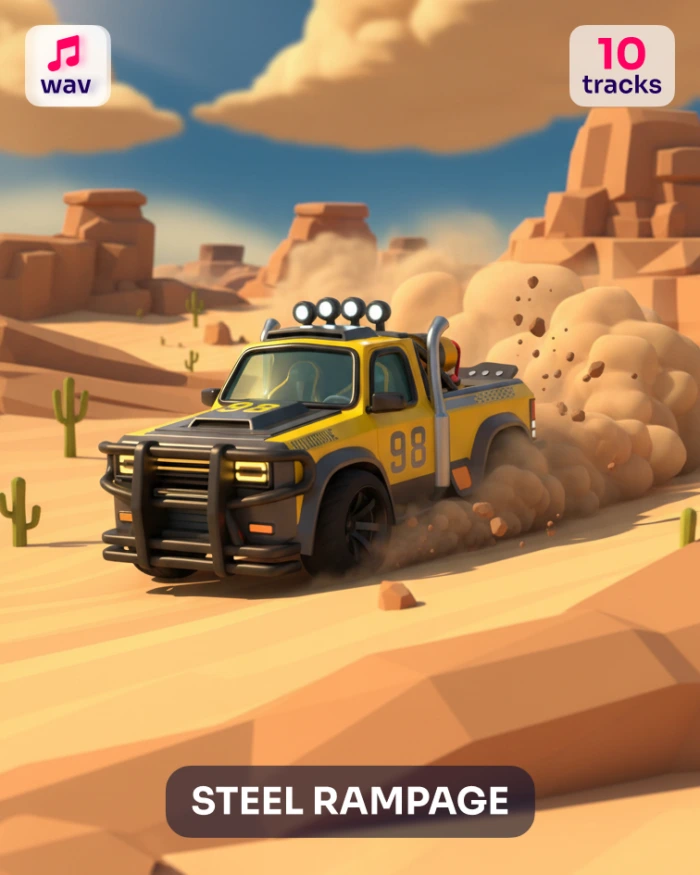 Yellow off-road truck #98 kicking up dust in a desert landscape. Steel Rampage text overlay.