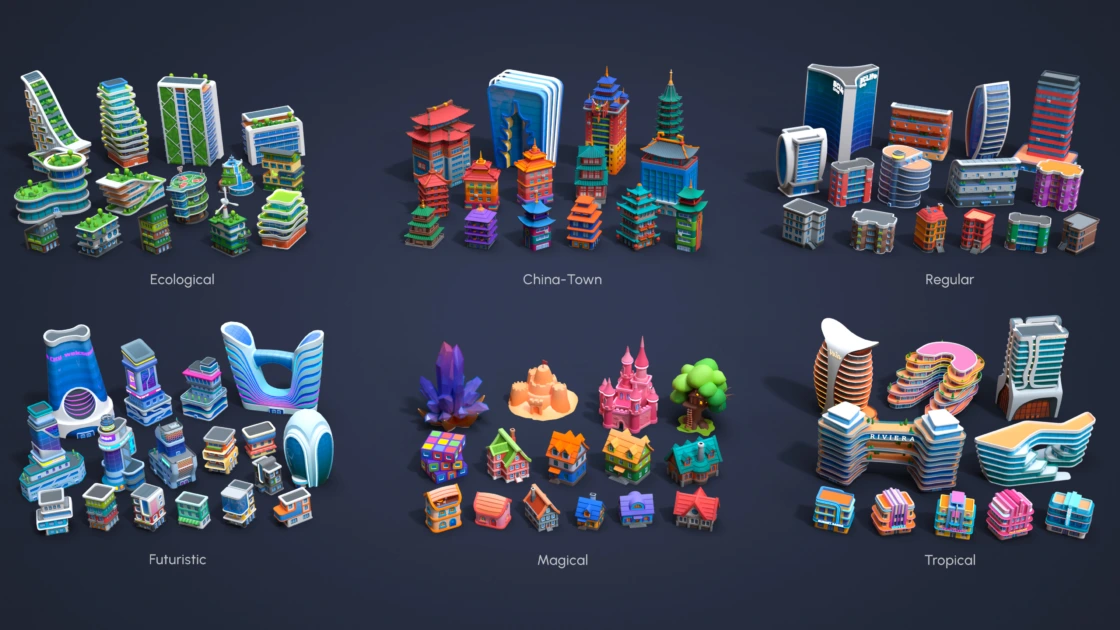 Cartoon city buildings in ecological, Chinatown, regular, futuristic, magical, and tropical styles.
