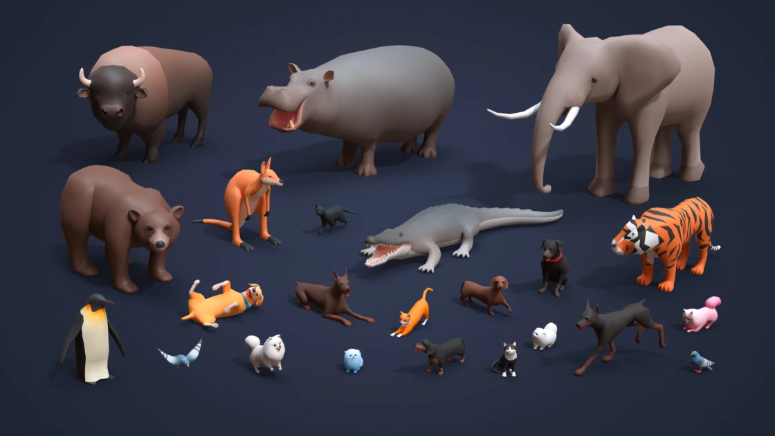 Cartoon animal collection: buffalo, hippo, elephant, bear, kangaroo, crocodile, tiger, penguins, dogs, and other animals.