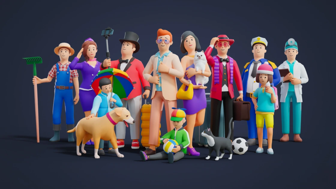 Diverse group of cartoon characters representing various professions and hobbies in a "Cartoon City" style.