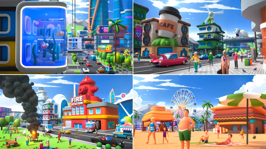 Cartoon City collage: Aquarium, city street, cafe, fire station, and beach scenes.