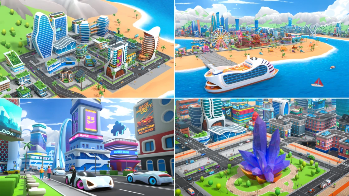 Cartoon cityscapes with modern buildings, beaches, and futuristic vehicles.