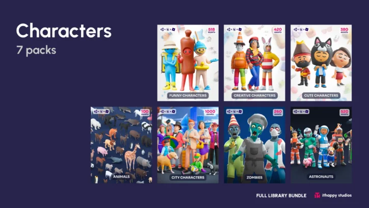 Full Library Bundle 3D low poly characters asset pack preview showing 7 packs including funny, creative, and cute characters, animals, city characters, zombies, and astronauts