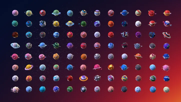 Grid of colorful, stylized planets with diverse textures and rings
