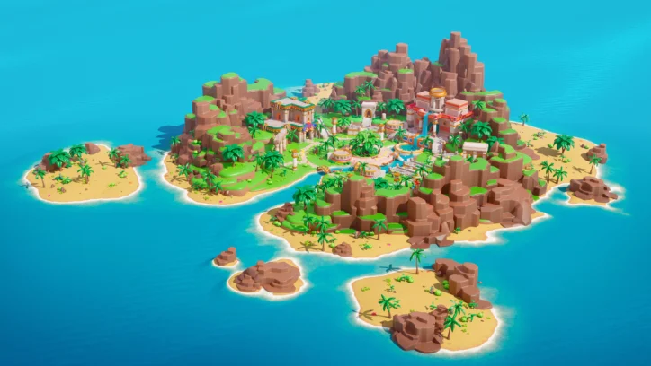 3D isometric view of a tropical island paradise with lush greenery and ancient ruins.