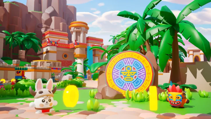 Cartoon bunny and tribal mask characters with gold coins in a vibrant jungle game world.