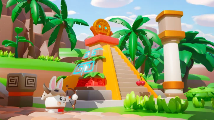 Cute bunny adventurer with bow and arrow in front of a colorful Mayan pyramid