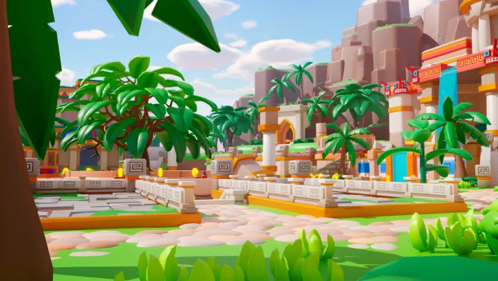 Stylized 3D render of a vibrant ancient temple courtyard with palm trees and stone ruins.
