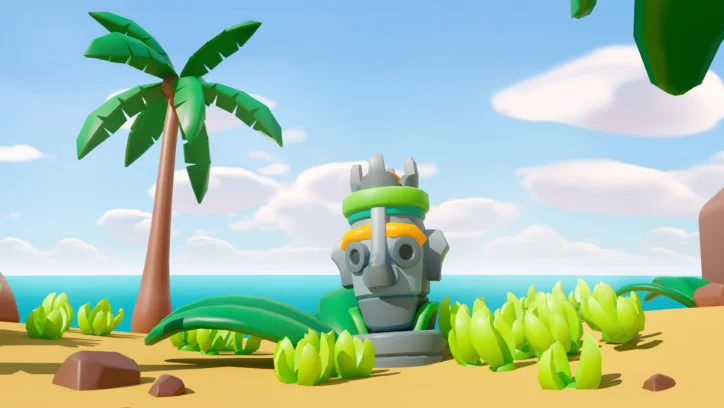 Stylized stone tiki statue on a sunny tropical beach with palm trees and lush green foliage.