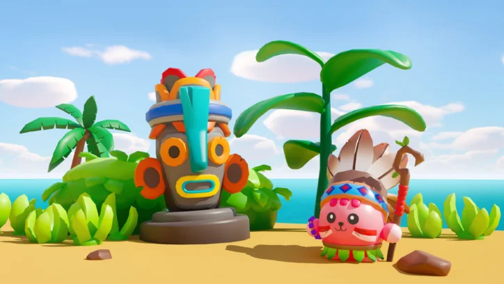 Cartoon tiki statue and native-inspired character on a tropical beach.