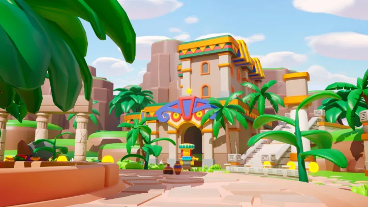 Vibrant cartoon temple with palm trees and ancient architecture