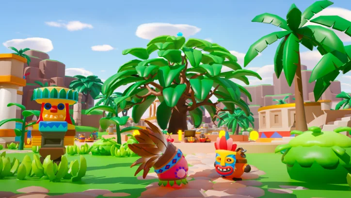 Cartoon tribal village with totems, palm trees, and colorful buildings.