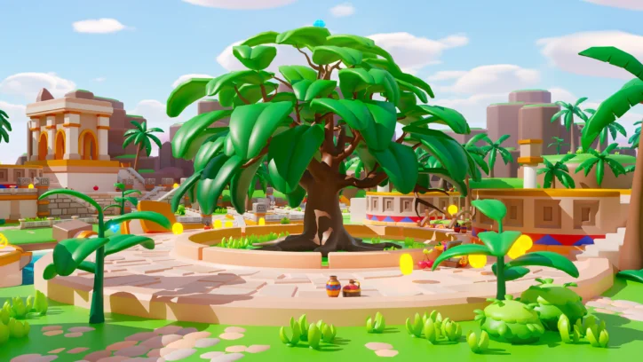 Stylized cartoon desert oasis with a large tree, palm trees, and ancient-looking buildings.