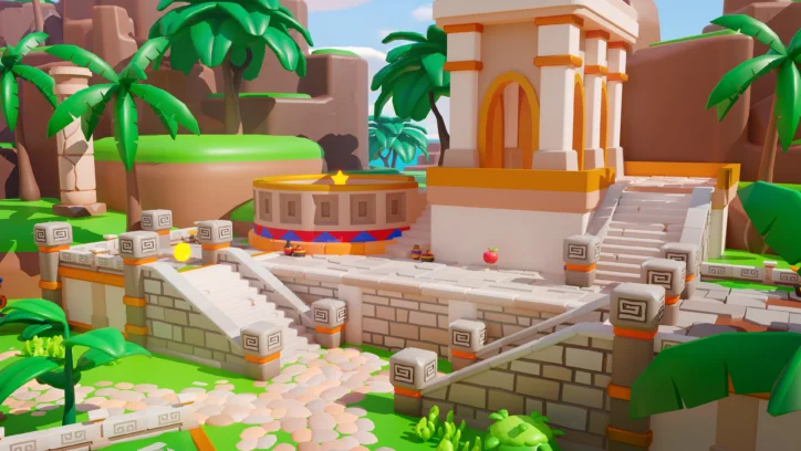 3D render of a vibrant, cartoon-style jungle temple with palm trees and ancient ruins.