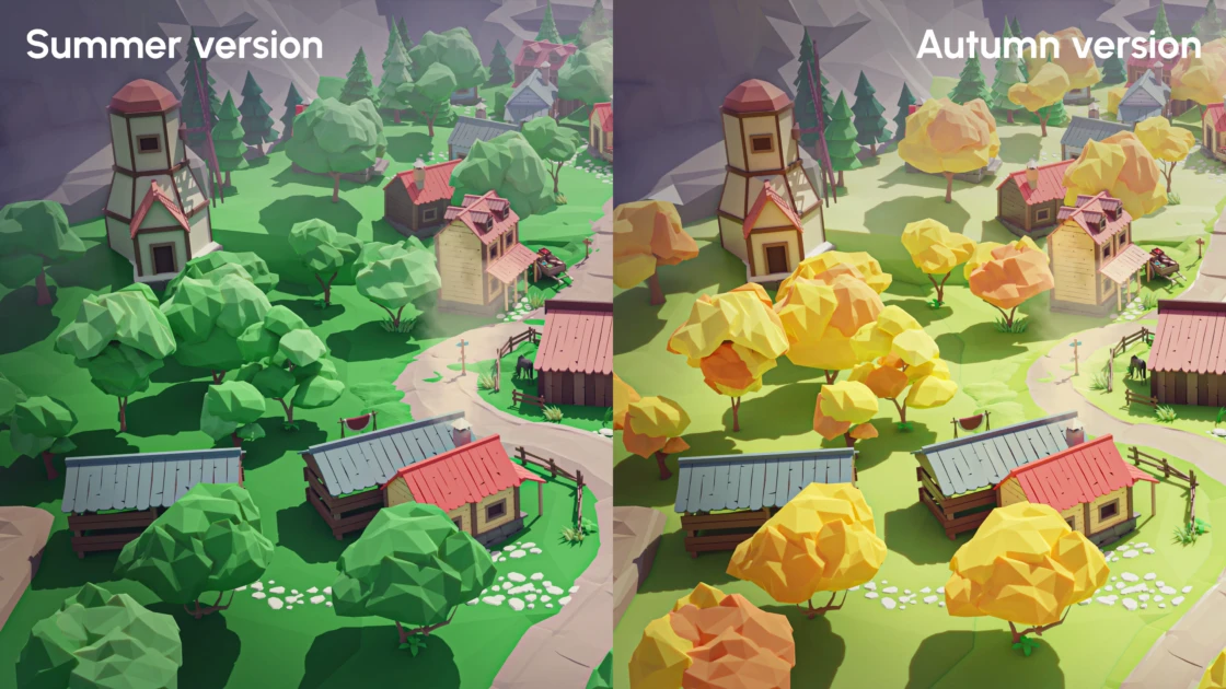 Summer and autumn village scenes: green trees vs. yellow foliage, low-poly style.