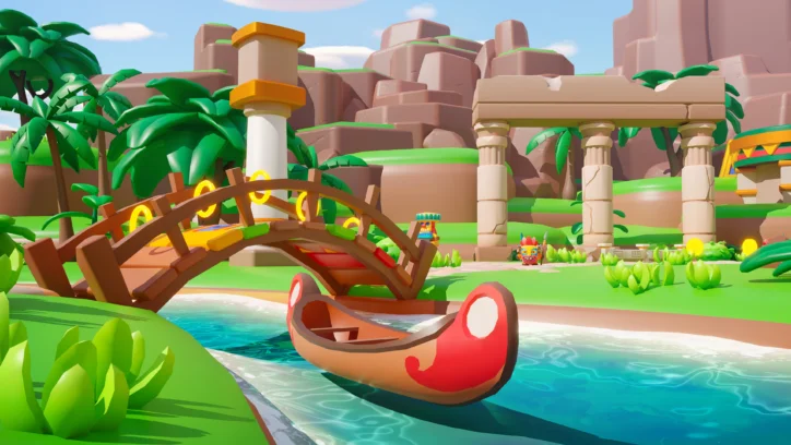 Colorful cartoon bridge over a river with a canoe, palm trees, and ancient ruins.