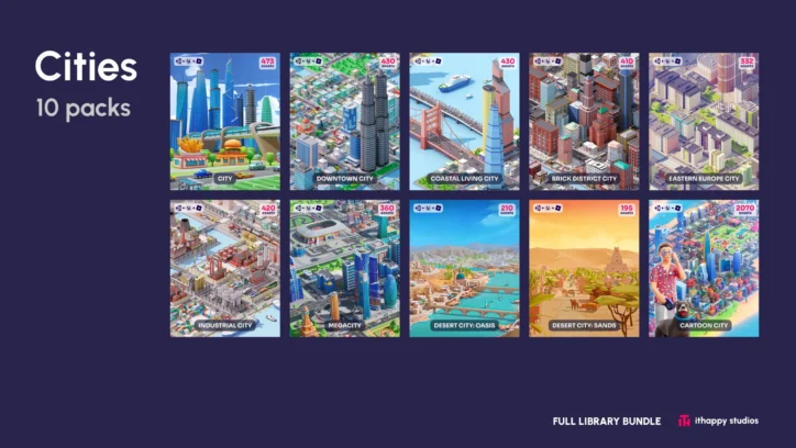 Full Library Bundle 3D low poly cities asset pack preview showing 10 packs including downtown, coastal living, brick district, industrial, megacity, desert, and cartoon cities