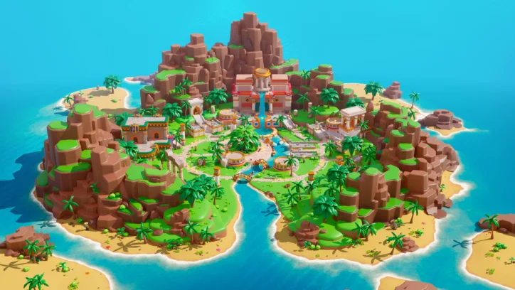 Tropical island paradise with ancient ruins, palm trees, and turquoise water