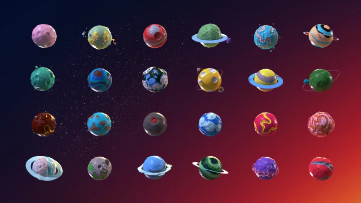 A collection of 24 stylized, colorful 3D planets with rings, moons, and unique textures, set against a starry, gradient background.