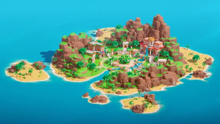 Isometric view of a tropical island resort with palm trees and buildings