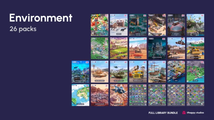 Full Library Bundle 3D low poly environment asset pack preview showing 26 packs including amusement park, arctic, cemetery, dungeon, fantasy, wild west, horror mansion, and mars colony