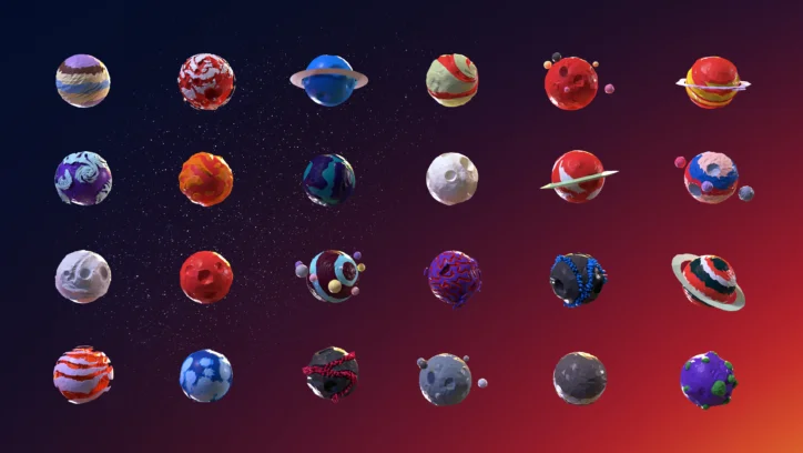 Collection of stylized 3D planets with diverse textures and colors against a starry gradient background.