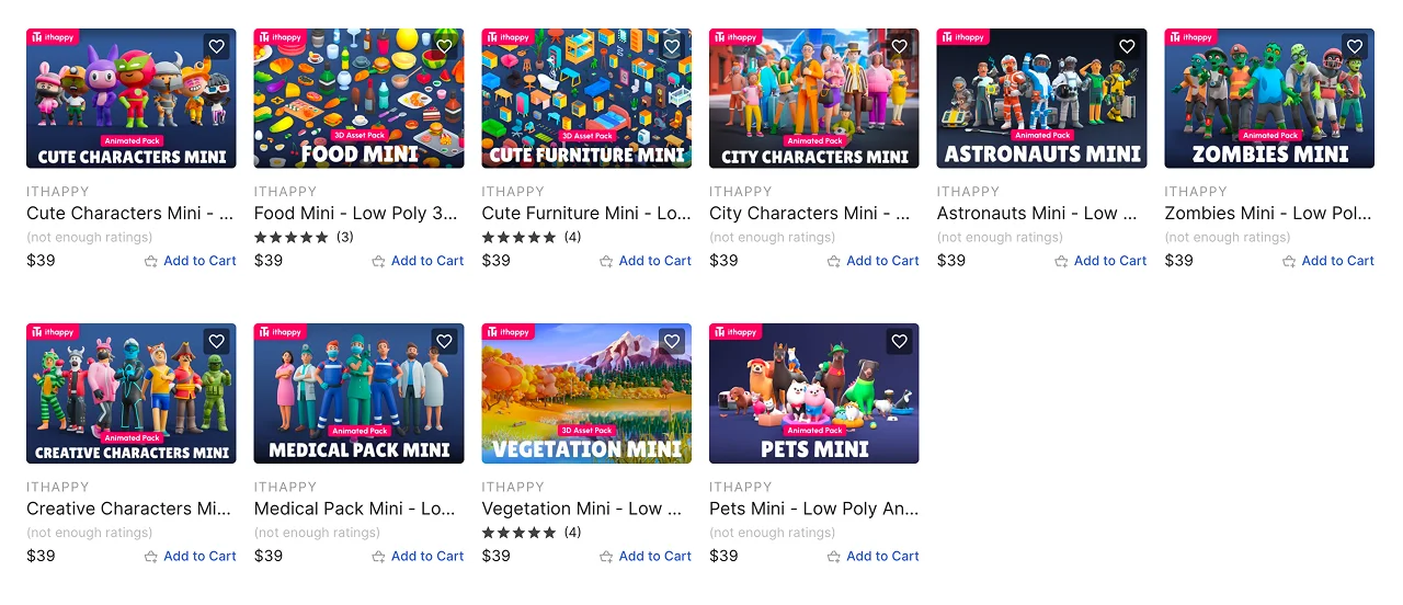 Collection of 3D animated character packs: cute characters, food, furniture, city, astronauts, zombies, medical, and pets.