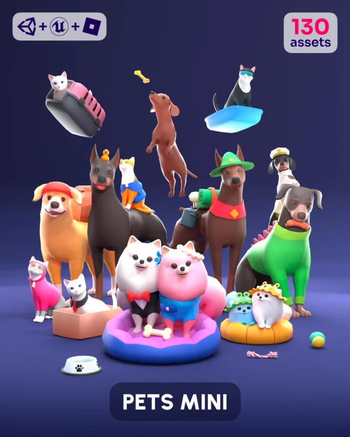 3D cartoon pets: dogs and cats in various outfits and poses, with "PETS MINI" text.