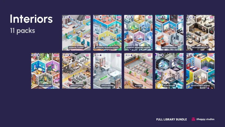 Full Library Bundle 3D low poly interiors asset pack preview showing 11 packs including hospital, office, school, sci-fi, and magic rooms