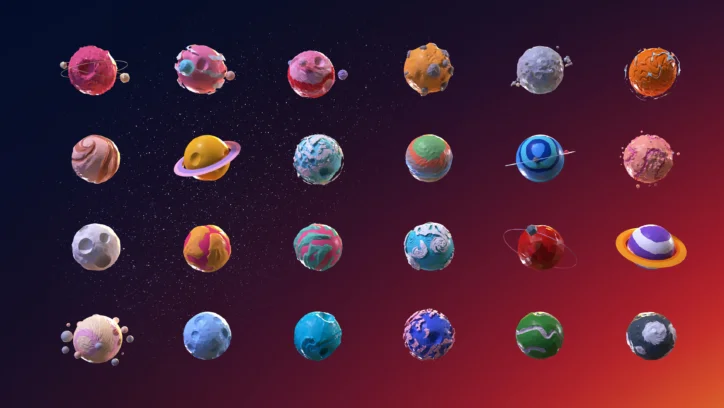 Collection of colorful, stylized planets in a cosmic background