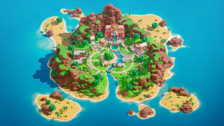 Isometric view of a vibrant tropical island resort with ancient ruins and lush greenery.
