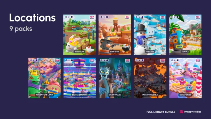 Full Library Bundle 3D low poly locations asset pack preview showing 9 packs including kingdom, western, winter, temple, battle stadium, and inferno world