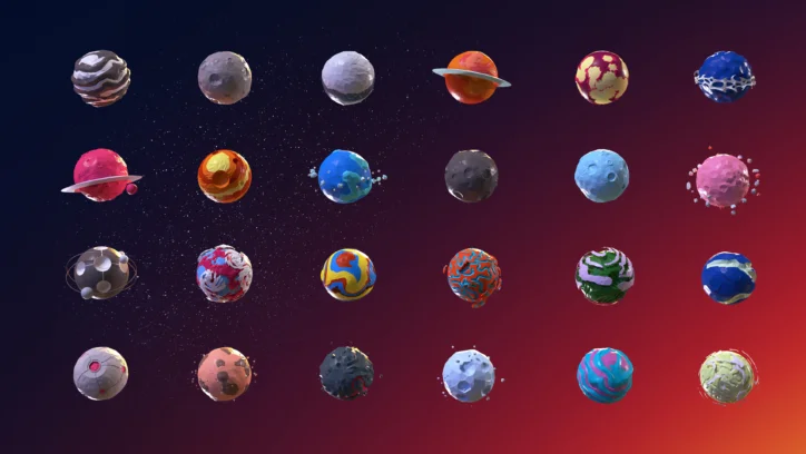 Collection of colorful, stylized planets in a cosmic setting.