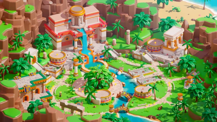 Aerial view of a vibrant resort with water features and palm trees