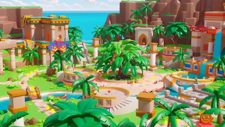 Colorful cartoon jungle temple with palm trees and water features