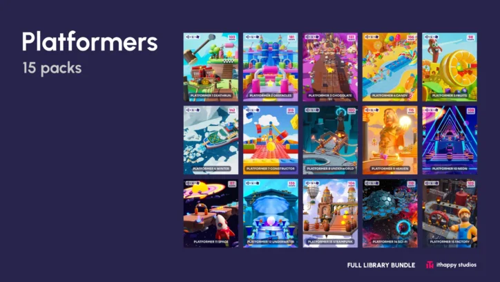 Full Library Bundle 3D low poly platformer levels asset pack preview showing 15 packs including deathrun, chocolate, candy, underworld, space, and sci-fi themes