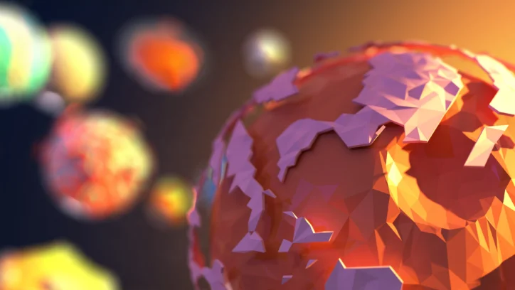 Low-poly 3D render of a stylized planet in warm, glowing light, with other blurred celestial bodies in the background.