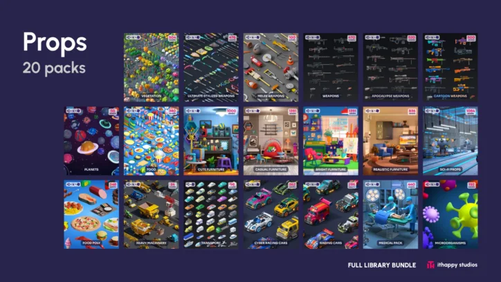 Full Library Bundle 3D low poly props asset pack preview showing 20 packs including weapons, furniture, food, vehicles, medical, and sci-fi props