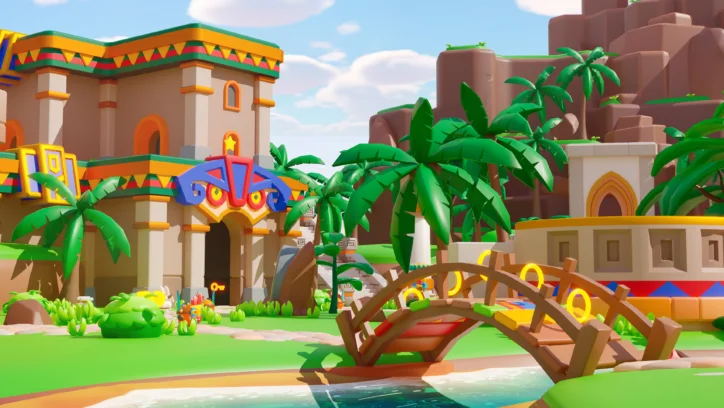 Colorful cartoon buildings and palm trees in a vibrant, sunny landscape with a wooden bridge.
