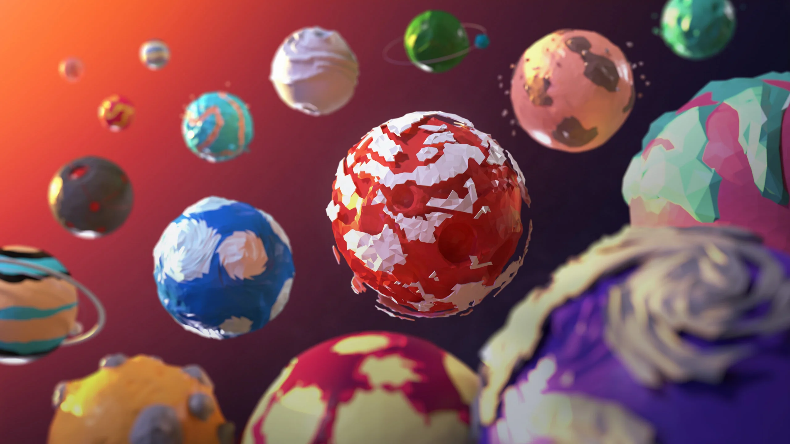 Colorful, stylized planets and celestial bodies in a cosmic display