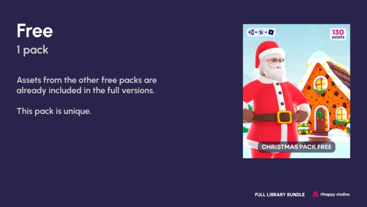 Full Library Bundle 3D low poly free Christmas pack preview featuring Santa Claus character and gingerbread house with 130 assets